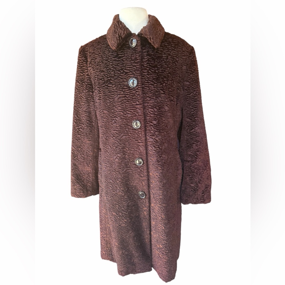 Late 1990s/Y2K Gallery Pink Lined Deep Brown Faux Astrakhan Front-Button Closure